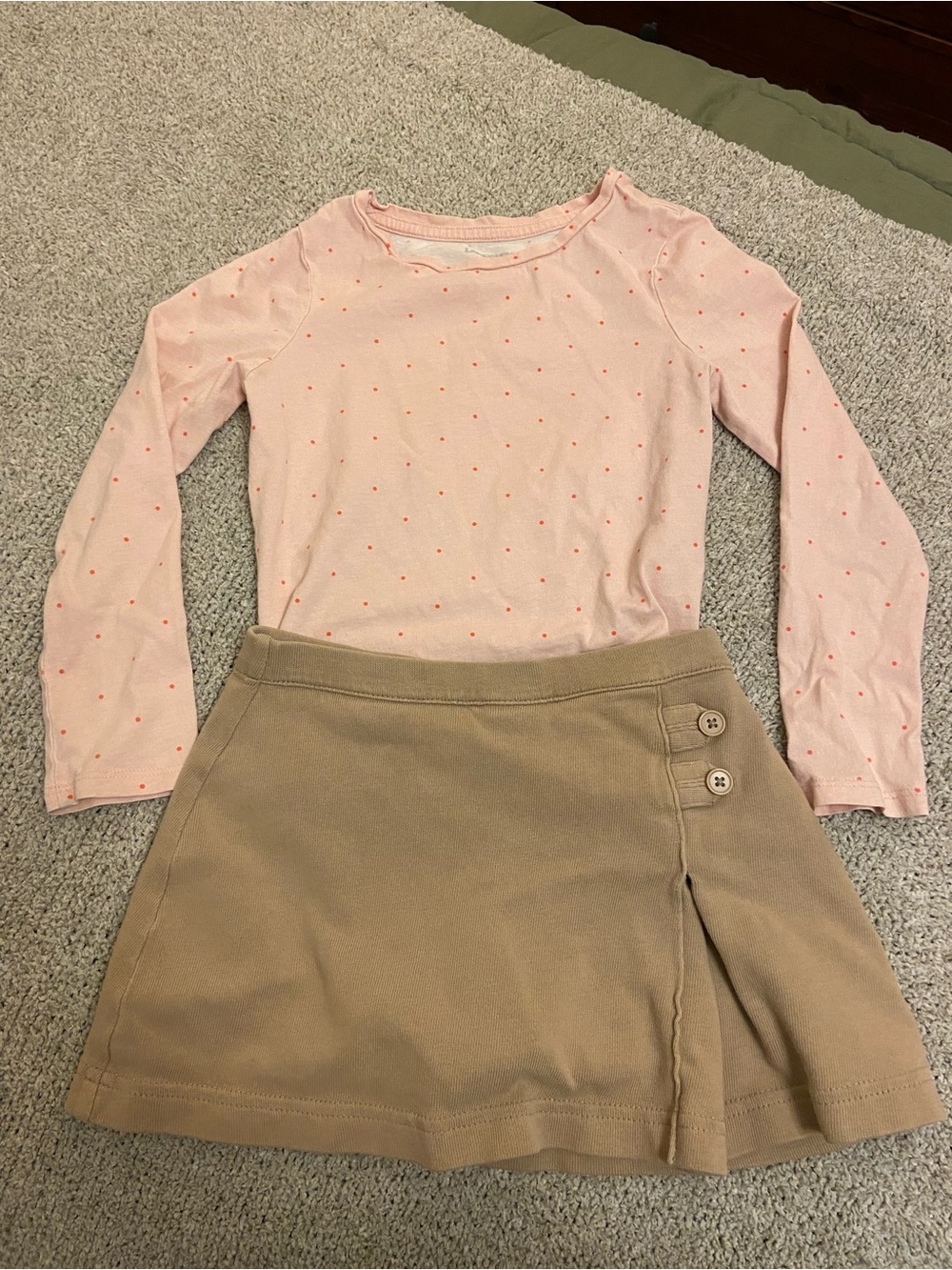 Lands’ End Kids Pink Dot Long Sleeve Top with Khaki Skirt Set